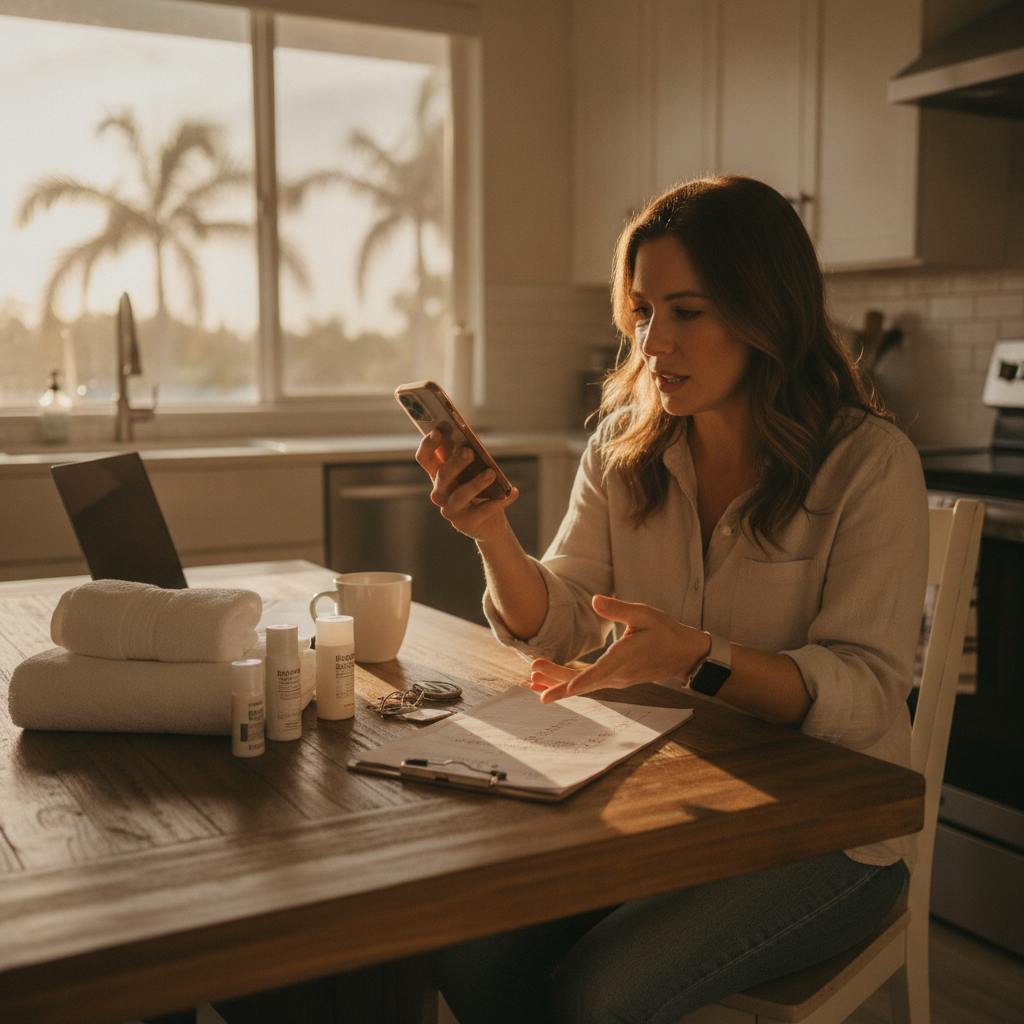 A host coordinates guest messages and turnover tasks at a table with cleaning supplies and keys.