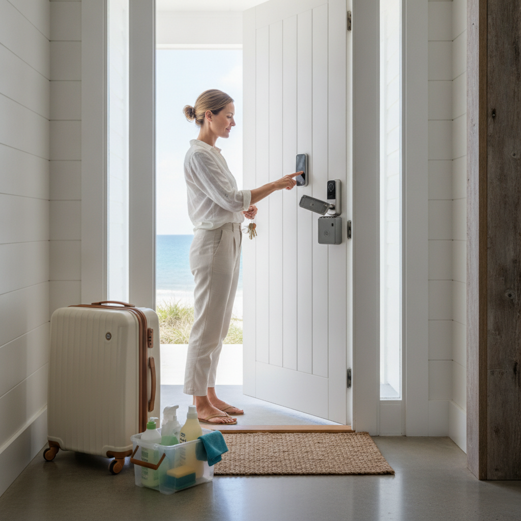 A person checks a rental door lock and lockbox while handling turnover tasks.
