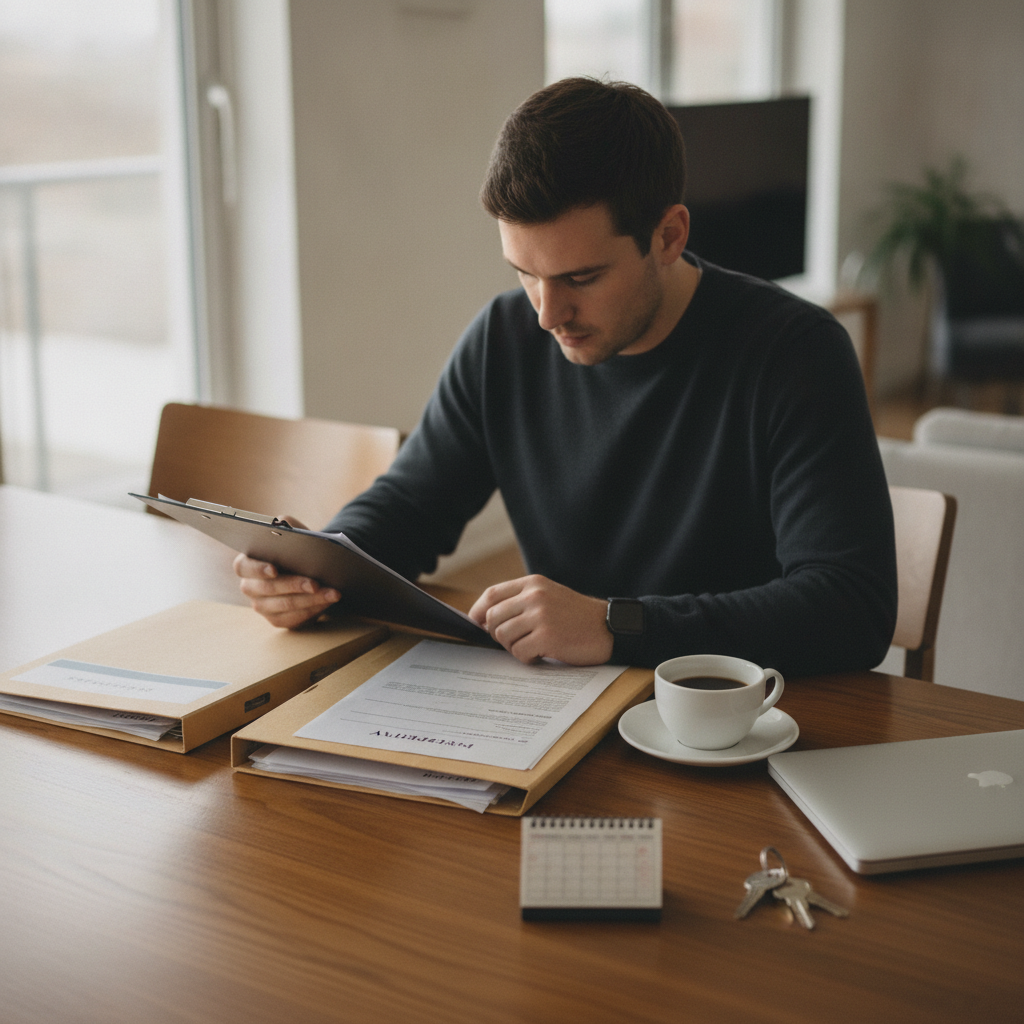 An owner reviews documents and keys for a small portfolio of rental units.