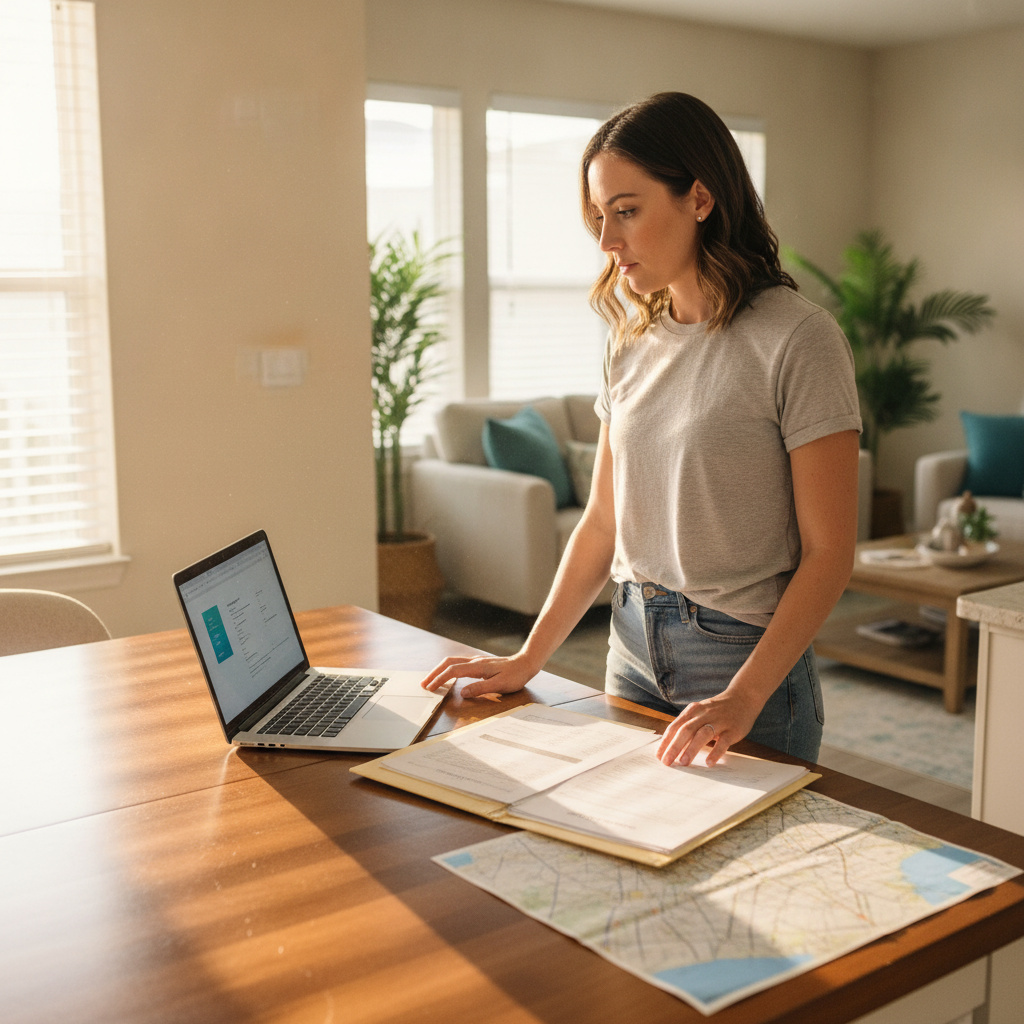 A host reviews rental paperwork and local rules at a kitchen table.