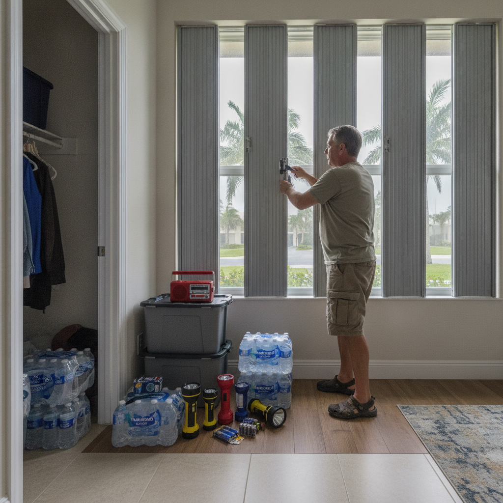 A homeowner prepares a Tampa house for hurricane season with shutters and emergency supplies.