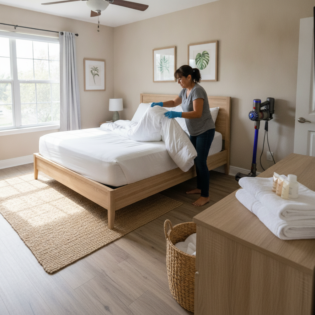 A cleaner handles a vacation rental turnover in a bedroom.