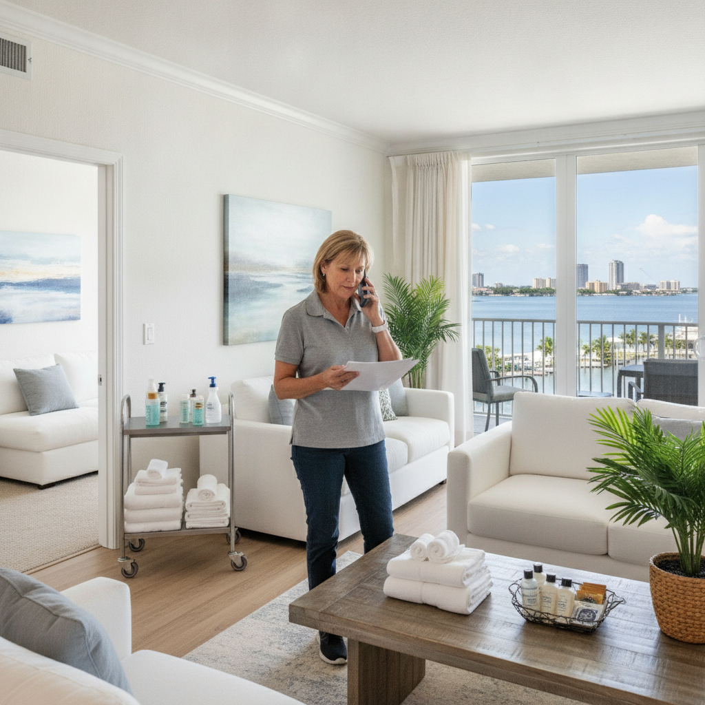 A property manager in a vacation rental checks on the home with supplies and a cleaning cart nearby.