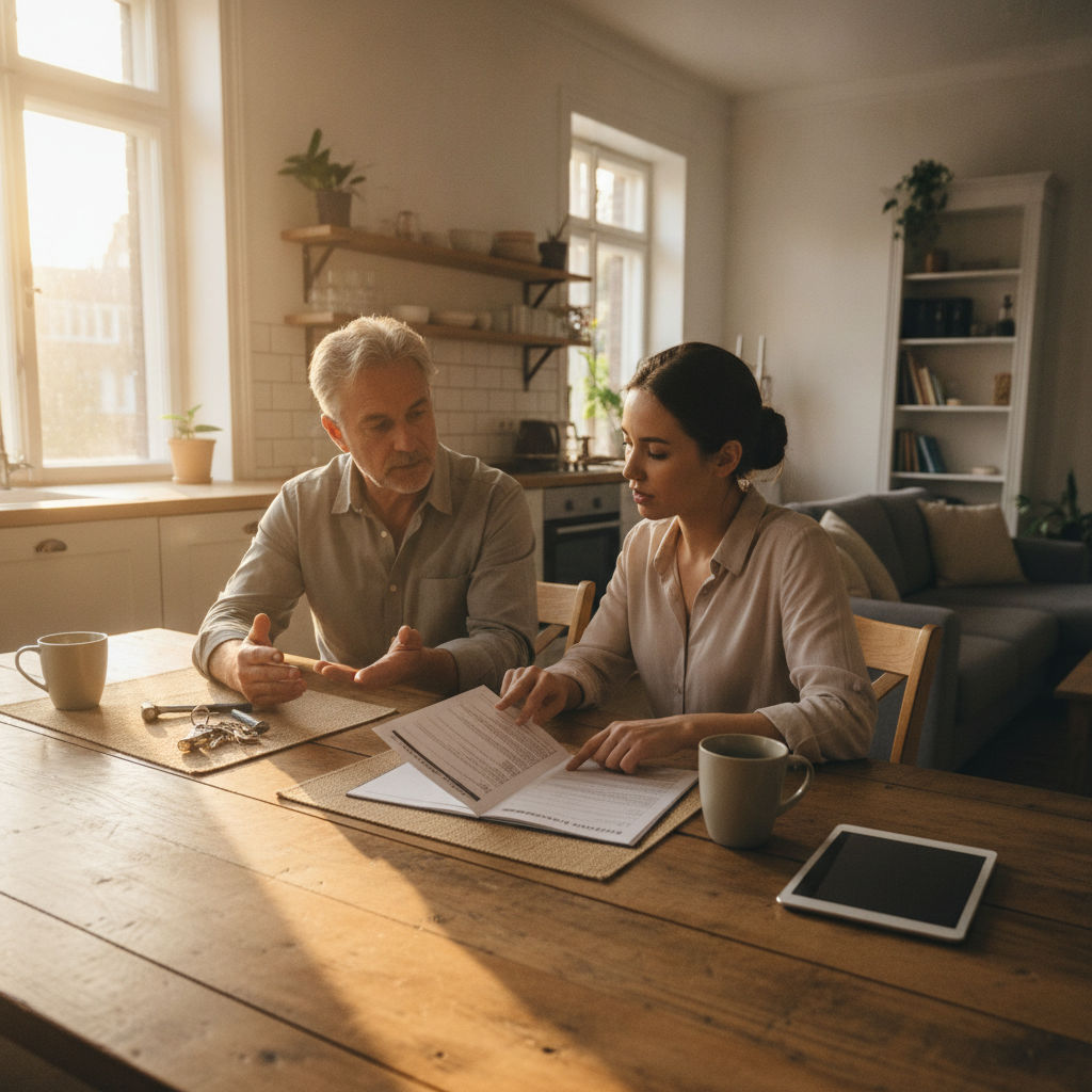 An owner and manager review a service checklist together at a kitchen table.