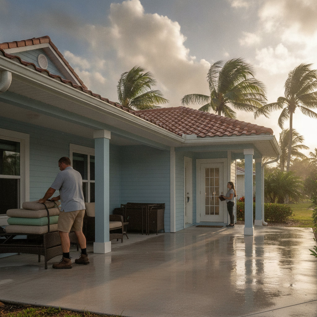 A property manager inspects a vacation rental exterior and secures outdoor furniture after a storm.