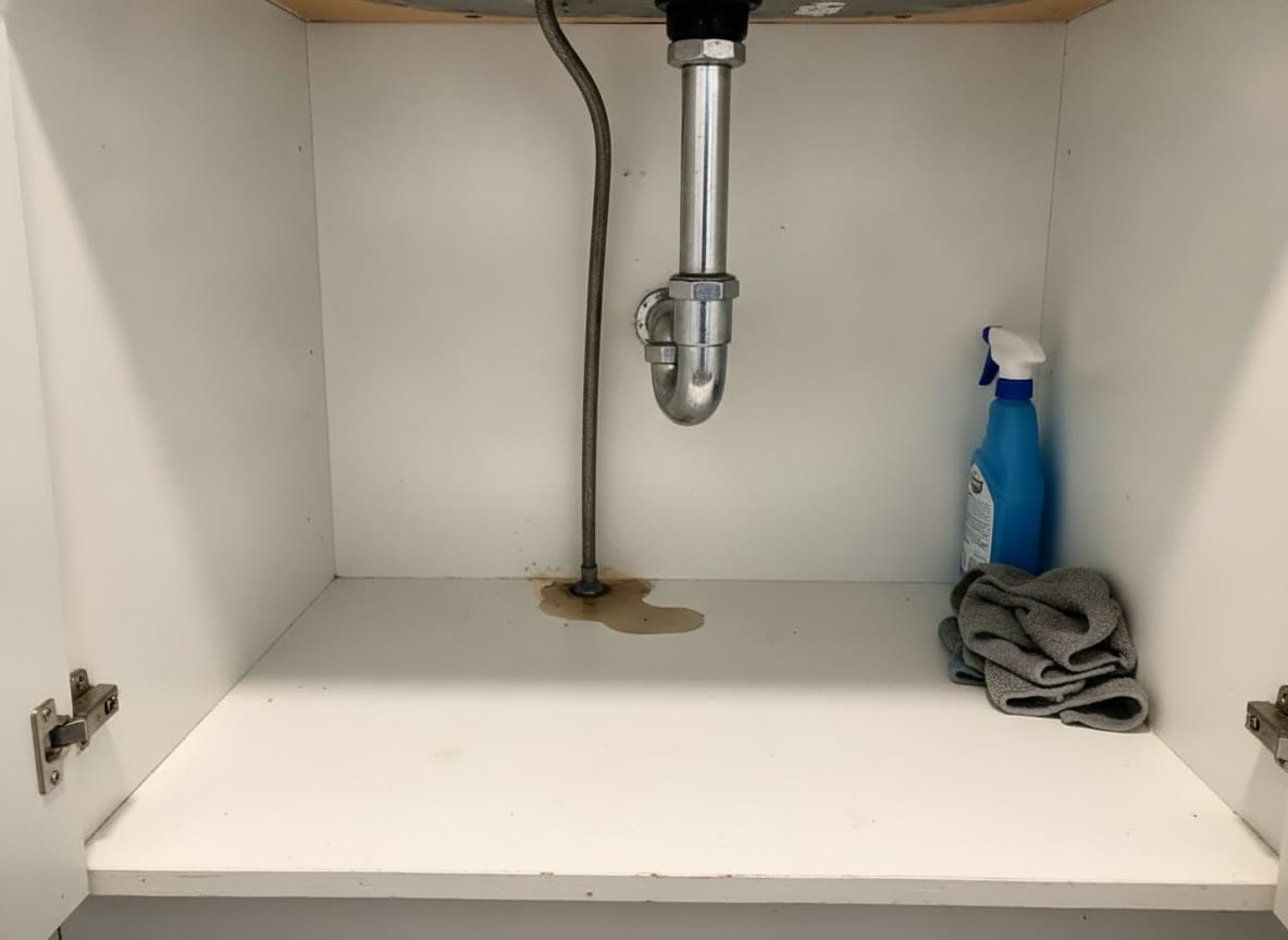 The bounty photo itself: a flash-lit shot of the cabinet under a kitchen sink, with a drip stain spreading on the cabinet floor beneath the pipe joint