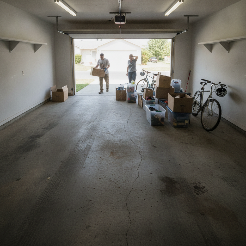 A homeowner clears a garage so the floor coating crew can start work.
